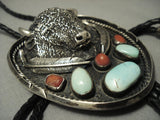 Opulent Vintage **big Buffalo** Turquoise Coral Sterling Native American Jewelry Silver Belt Bolo Tie-Nativo Arts
