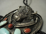 Opulent Vintage **big Buffalo** Turquoise Coral Sterling Native American Jewelry Silver Belt Bolo Tie-Nativo Arts