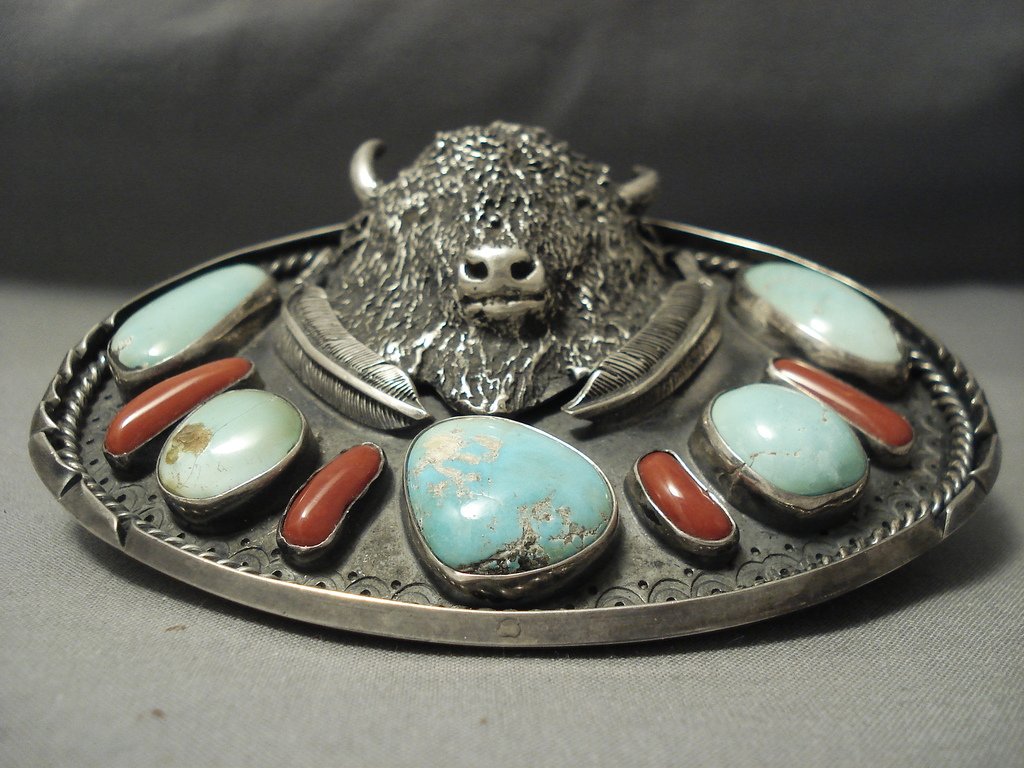 Opulent Vintage **big Buffalo** Turquoise Coral Sterling  display picture 1