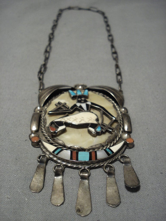 Opulent Vintage Native American Jewelry Zuni Turquoise Kachina Dancer Sterling Silver Inlay Necklace Old-Nativo Arts