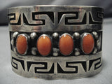 Opulent Vintage Native American Navajo Domed Coral Sterling Silver Geometric Bracelet Old-Nativo Arts
