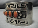 Opulent Vintage Native American Navajo Domed Coral Sterling Silver Geometric Bracelet Old-Nativo Arts