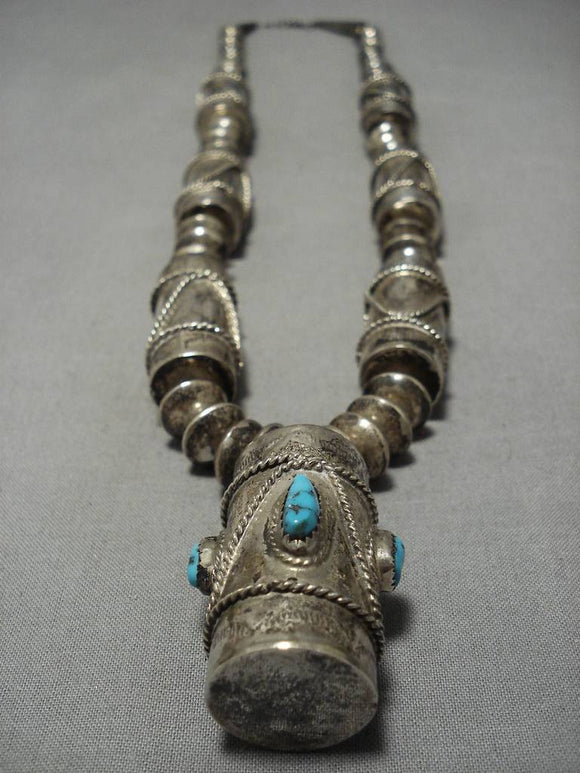 Opulent Vintage Native American Navajo Sterling Silver Turquoise Drum Necklace Old-Nativo Arts
