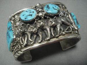 Opulent Vintage Navaj Wolf Pacl Turquoise Sterling Native American Jewelry Silver Bracelet Old Pawn-Nativo Arts