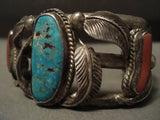 Opulent Vintage Navajo Blue Creek Turquoise Coral Native American Jewelry Silver Leaf Bracelet- Hvy!-Nativo Arts