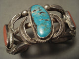Opulent Vintage Navajo Blue Creek Turquoise Coral Native American Jewelry Silver Leaf Bracelet- Hvy!-Nativo Arts