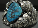 Opulent Vintage Navajo Blue Warrior Turquoise Native American Jewelry Silver Leaf Bracelet-Nativo Arts