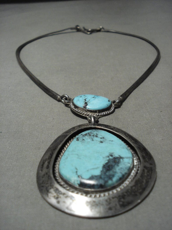 Opulent Vintage Navajo **blue Wind Or Diamond Turquoise** Native American Jewelry Silver Necklace-Nativo Arts