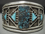 Opulent Vintage Navajo 'Double Technique' Tufa Cast Turquoise Native American Jewelry Silver Bracelet-Nativo Arts