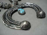 Opulent Vintage Navajo Hogan Native American Jewelry Silver Squash Blossom Bisbee Turquoise Necklace-Nativo Arts