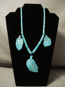 Opulent Vintage Navajo Old Morenci Turquoise Leaf Native American Jewelry Silver Necklace Old-Nativo Arts