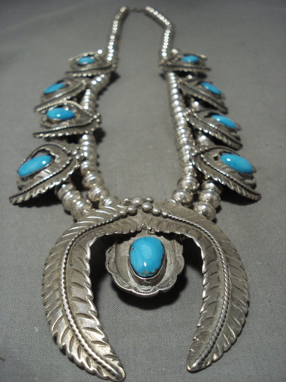 Squash Blossom Necklace with Blue Egyptian Turquoise - Navajo Jewelry