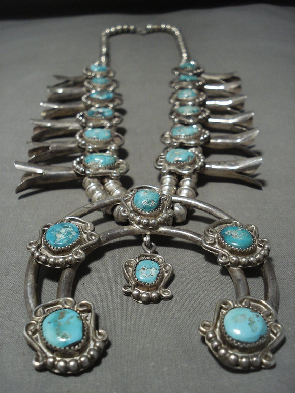 Opulent Vintage Navajo Royston Turquoise Native American Jewelry Silver Squash Blossom Necklace Old-Nativo Arts
