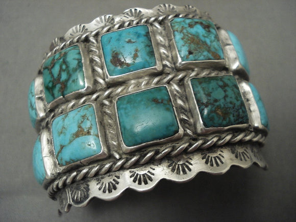 Opulent Vintage Navajo 'Squared Royston Turquoise' Native American Jewelry Silver Bracelet-Nativo Arts