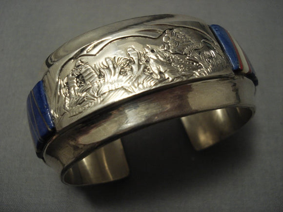 Opulent Vintage Navajo Tommy Jackson Lapis Coral Sterling Native American Jewelry Silver Bracelet-Nativo Arts