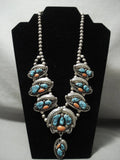Opulent Vintage Navajo Turquoise Coral Native American Jewelry Silver Squash Blossom Necklace-Nativo Arts
