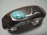 Opulent Vintage Navajo 'Wood And Blue Wind Turquoise' Native American Jewelry Silver Bracelet Old-Nativo Arts
