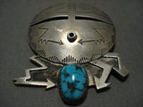 Opulent Vintage Zuni 'Lightning Strike' Turquoise Native American Jewelry Silver Mask Pin Old-Nativo Arts