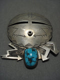 Opulent Vintage Zuni 'Lightning Strike' Turquoise Native American Jewelry Silver Mask Pin Old-Nativo Arts