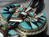 Opulent Vintage Zuni Turquoise Coral Huge Sterling Native American Jewelry Silver Bolo Tie Old-Nativo Arts
