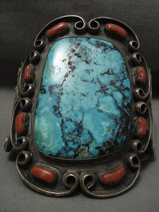 Outrageous Vintage Navajo Blue Diamond Turquoise Coral Native American Jewelry Silver Bracelet-Nativo Arts