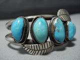 Outstanding Vintage Native American Jewelry Navajo Leaf Blue Gem Turquoise Sterling Silver Bracelet Cuff-Nativo Arts