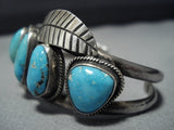 Outstanding Vintage Native American Jewelry Navajo Leaf Blue Gem Turquoise Sterling Silver Bracelet Cuff-Nativo Arts