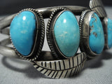 Outstanding Vintage Native American Jewelry Navajo Leaf Blue Gem Turquoise Sterling Silver Bracelet Cuff-Nativo Arts