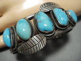 Outstanding Vintage Native American Jewelry Navajo Leaf Blue Gem Turquoise Sterling Silver Bracelet Cuff-Nativo Arts