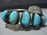 Outstanding Vintage Native American Jewelry Navajo Leaf Blue Gem Turquoise Sterling Silver Bracelet Cuff-Nativo Arts