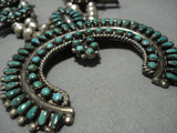 Pinnacle Vintage Native American Jewelry Navajo Green Turquoise Sterling Silver Squash Blossom Necklace-Nativo Arts
