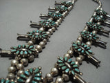 Pinnacle Vintage Native American Jewelry Navajo Green Turquoise Sterling Silver Squash Blossom Necklace-Nativo Arts