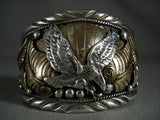 Powerful Vintage Navajo 'Soaring Eagle' Gold Leaf Silver Bracelet-Nativo Arts