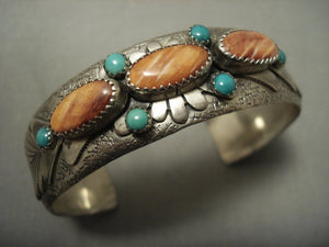 Quality Advanced Work Vintage Navajo Spiny Oyster Turquoise Native American Jewelry Silver Bracelet-Nativo Arts