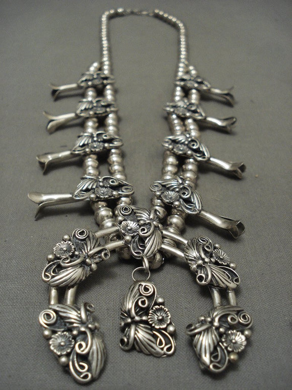Quality All Native American Jewelry Silver Vintage Navajo 'Leaf Forest' Squash Blossom Necklace Old-Nativo Arts
