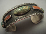 Quality Early Vintage Navajo Cerrillos Turquoise Coral Native American Jewelry Silver Bracelet-Nativo Arts