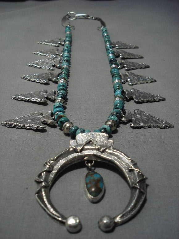Quality Native American Navajo Arrowhead Sterling Silver Turquoise Squash Blossom Necklace-Nativo Arts