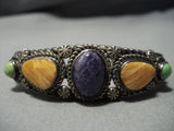 Quality Rare Vintage Native American Jewelry Navajo Charoite Gaspeite Sterling Silver Bracelet Old-Nativo Arts