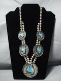 Quality Vintage Native American Jewelry Navajo Owl Turquoise Sterling Silver Squash Blossom Necklace-Nativo Arts
