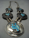 Quality Vintage Native American Jewelry Navajo Owl Turquoise Sterling Silver Squash Blossom Necklace-Nativo Arts