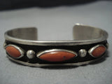 Quality Vintage Native American Jewelry Navajo Rhombus Coral Sterling Silver Bracelet Cuff-Nativo Arts