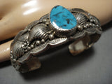 Quality Vintage Native American Navajo Blue Turquoise Sterling Silver Leaves Bracelet Old-Nativo Arts