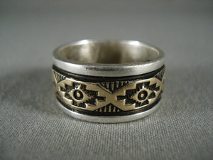 Quality Vintage Navajo 'Rug Works' Gold Native American Jewelry Silver Ring-Nativo Arts