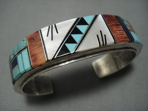 Quality Vintage Navajo Turquoise Inlay Sterling Native American Jewelry Silver Bracelet Old-Nativo Arts