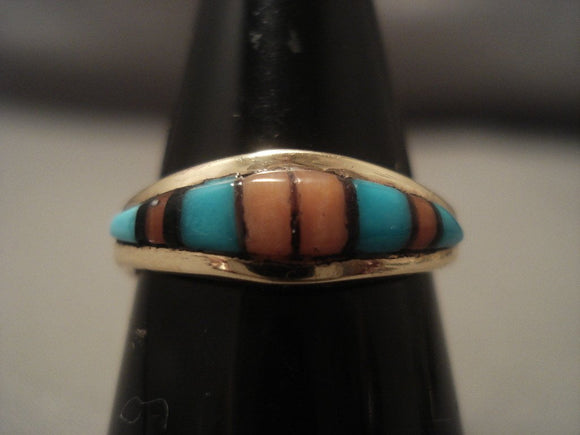 Quality Vintage Zuni 14k Gold Turquoise Coral Ring Vtg Old-Nativo Arts