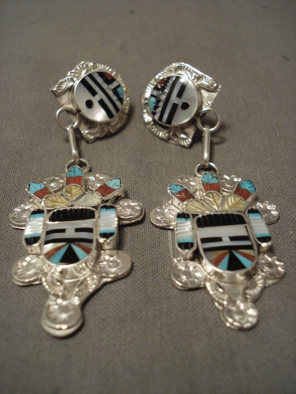 Quality Zuni Eldred Martinez Turquoise Coral Native American Jewelry Silver Earrings-Nativo Arts