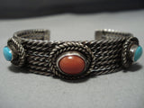 Rare 4 Coil Cuff Vintage Native American Jewelry Navajo Turquoise Sterling Silver Bracelet Old-Nativo Arts