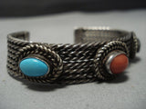 Rare 4 Coil Cuff Vintage Native American Jewelry Navajo Turquoise Sterling Silver Bracelet Old-Nativo Arts
