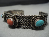 Rare 4 Coil Cuff Vintage Native American Jewelry Navajo Turquoise Sterling Silver Bracelet Old-Nativo Arts