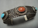 Rare 4 Coil Cuff Vintage Native American Jewelry Navajo Turquoise Sterling Silver Bracelet Old-Nativo Arts